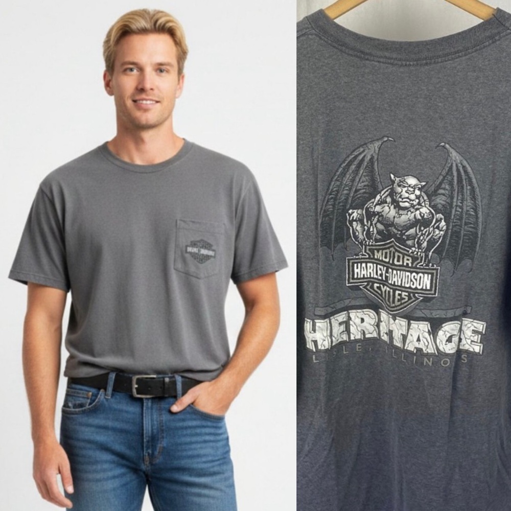 Harley Davidson Gray Lisle IL Short‎ Sleeve Gargoyle Print T Shirt XXL